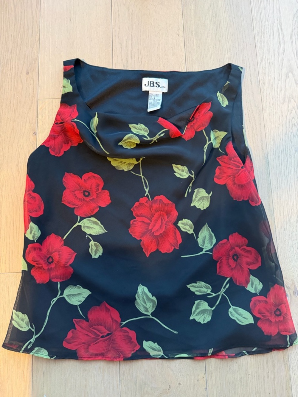 Vintage Black Floral Cowl Neck Sleeveless Top - Red Flower Print